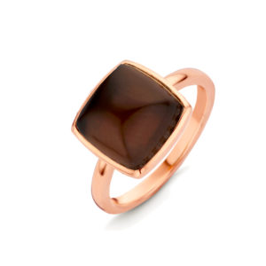 bague or rose 18 carats coussin cabochon quartz fumé