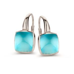 bijoux d'oreilles coussin cabochon topaze sky blue or blanc 18 carats