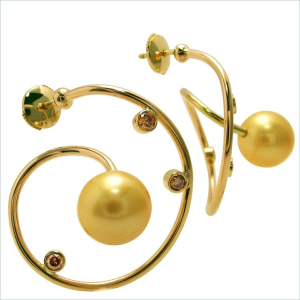 boucles d'oreilles fly perles gold et diamants bruns or jaune – Image 2
