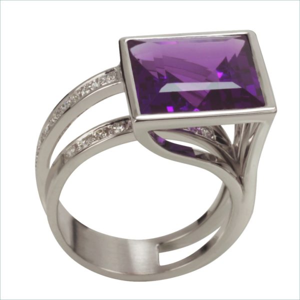 bague géo améthyste et diamants or blanc palladié – Image 2