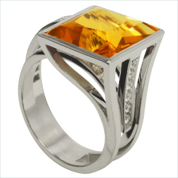 bague géo citrine et diamants or jaune – Image 2
