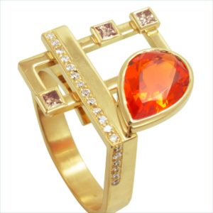 bague géo opale de feu et diamants or jaune