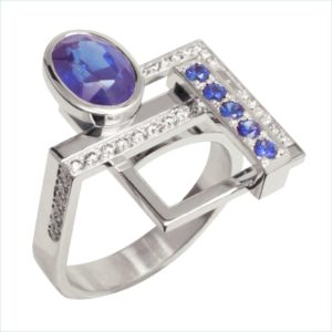 bague géo saphirs et diamants or blanc palladié