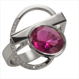 bague géo tourmaline rose et diamants or blanc palladié