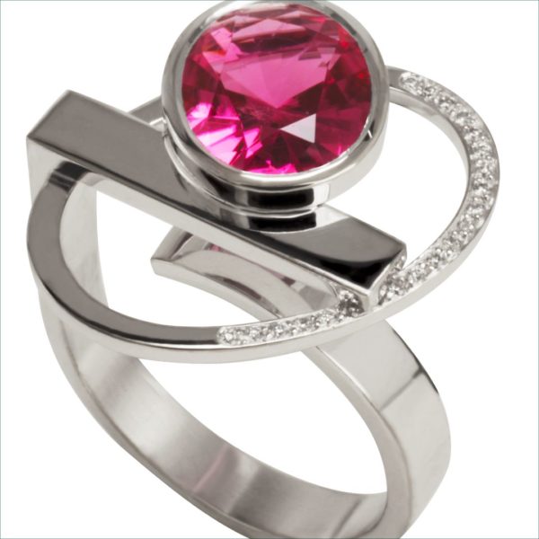 bague géo tourmaline rose et diamants or blanc palladié – Image 2