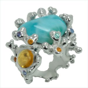 bague koro larimar et pierres fines or blanc palladié
