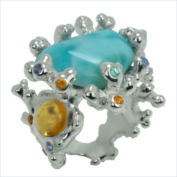 bague koro larimar et pierres fines or blanc palladié