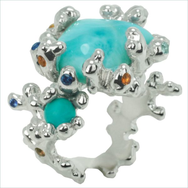 bague koro larimar et pierres fines or blanc palladié – Image 2