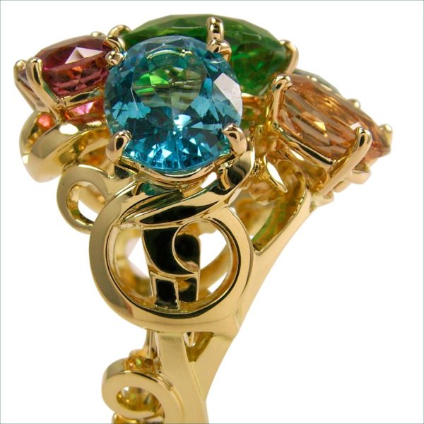 bague volutes pierres fines multi couleur or jaune – Image 2
