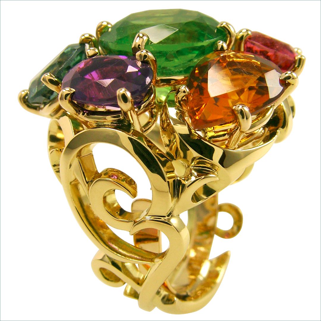 bague volutes pierres fines multi couleur or jaune Fav Gallery