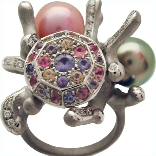 bague koro perles de culture diamants pierres fines or blanc palladié