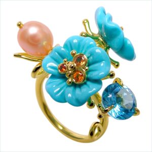 Bague Coolchic Turquoise perle topaze bleue saphirs oranges or 18 carats