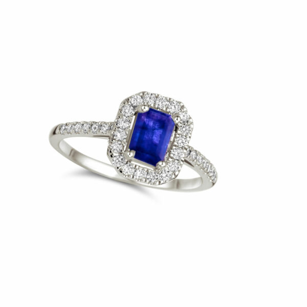 bague solitaire saphir ovale accompagné diamants - or blanc 18 carats – Image 2