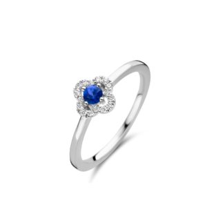 Bague trèfle saphir et diamants sur or blanc 18 carats