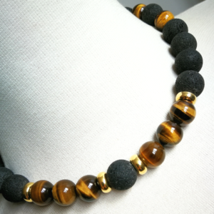 collier oeil de tigre & lave sur argent plaqué or 18 carats