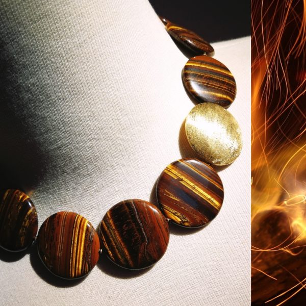 Collier en oeil de fer d'Afrique et argent 925 plaqué or 18 carats