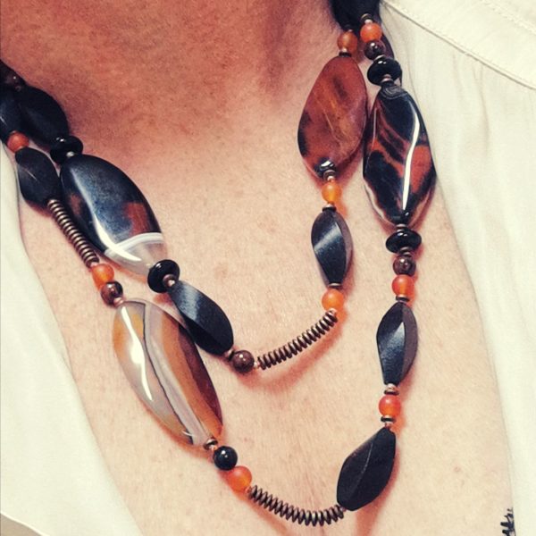 Sautoir collier double rang Agate Cornaline bois et onyx Argent 925 – Image 2