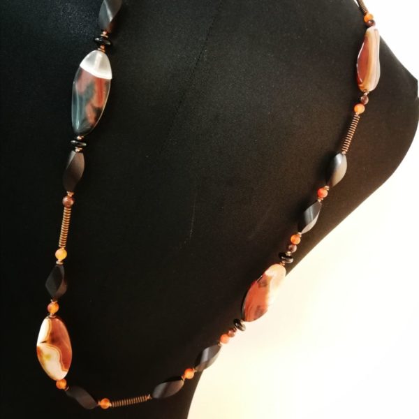 Sautoir collier double rang Agate Cornaline bois et onyx Argent 925 – Image 3