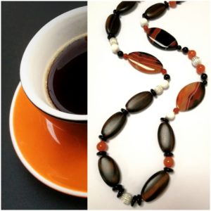 Sautoir/collier double rang en agates, cornaline, onyx, et bois sur argent 925