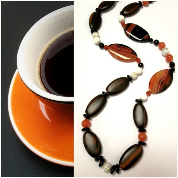 Sautoir/collier double rang en agates, cornaline, onyx, et bois sur argent 925