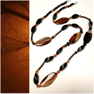 Sautoir collier double rang Agate Cornaline bois et onyx Argent 925