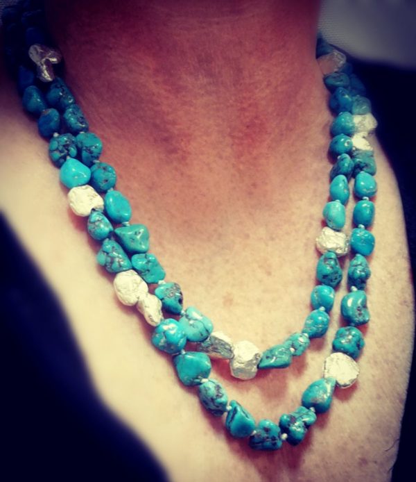 Collier double rangs turquoise baroque et pépites en argent 925 – Image 2