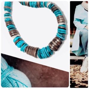 Collier ras de cou turquoise, bois et argent 925