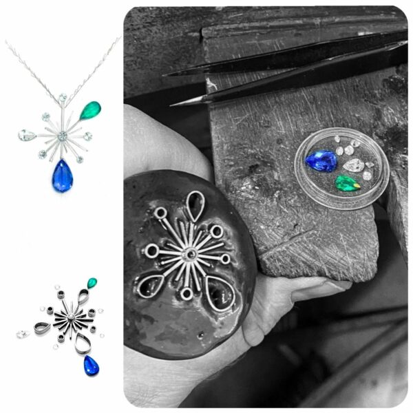 Collier pendentif Orion Tanzanite-Emeraude et diamants or blanc 18 carats – Image 2