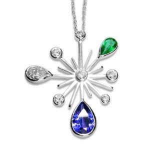 Collier pendentif Orion Tanzanite-Emeraude et diamants or blanc 18 carats