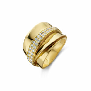 Bague bandeau feuille 2 rangs diamants or jaune 18 carats