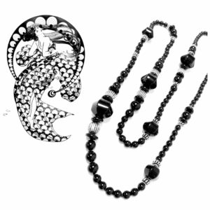 SAUTOIR COLLIER DOUBLE RANG "LAMPIONS" ONYX ET ARGENT 925 NOIRCI