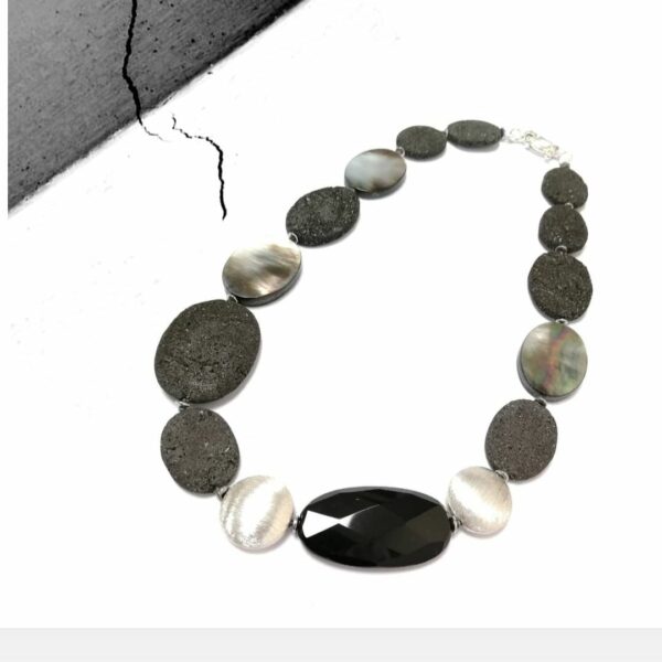 COLLIER 2 SHADES OF GREY : LAVE - NACRE - ONYX SUR ARGENT 925