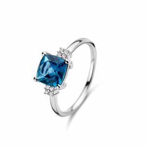 Bague coussin topaze blue london or blanc 18 carats et diamants