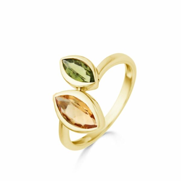 Bague DUO toi et moi citrine et péridot or jaune 18 carats 750/000 ème