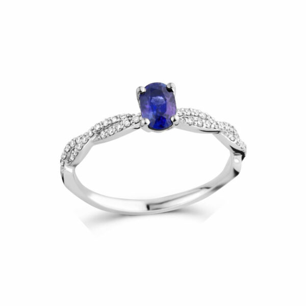 Bague fiançailles solitaire accompagné saphirs et diamants or jaune 18 carats. Cherbourg – Image 3