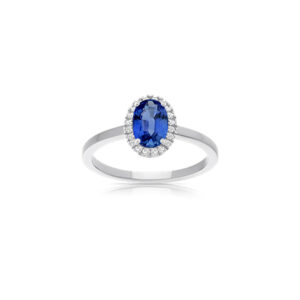 Bague saphir de Ceylan entourage diamants sur or blanc 18 carats