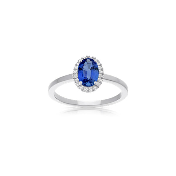 Bague saphir de Ceylan entourage diamants sur or blanc 18 carats