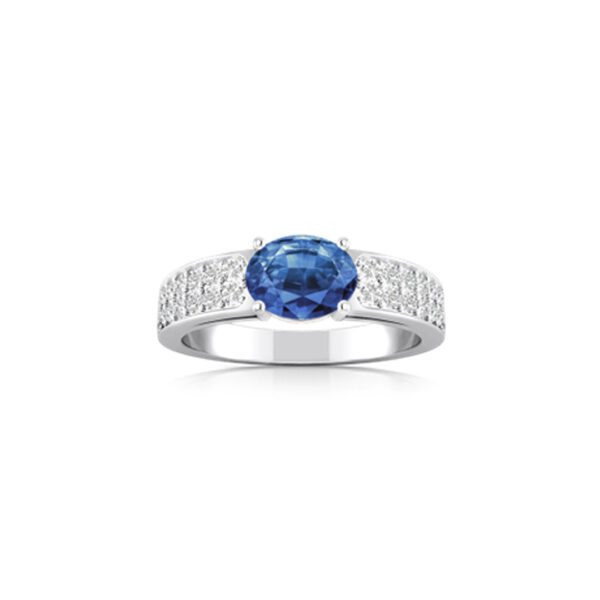 Bague saphir de Ceylan et pavage diamants sur or blanc 18 carats. Cherbourg