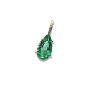 Pendentif poire émeraude du Zambie AA or jaune 18 carats et diamants - Fait main
