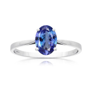 Bague solitaire 4 griffes Tanzanite AA ovale 8X6mm or blanc 18 carats 750/000ème