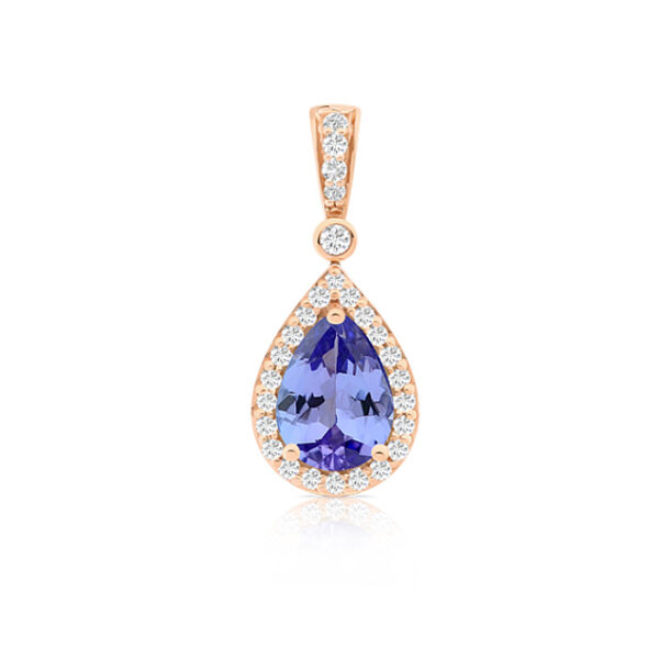 Pendentif poire Tanzanite 7x5 mm entourage diamants sur or rose 18 carats 750/000ème