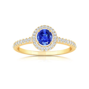 Bague saphir de Ceylan 4mm entourage et bas de corps diamants or jaune 18 carats