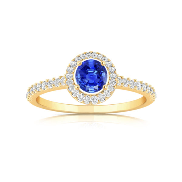 Bague saphir de Ceylan 4mm entourage et bas de corps diamants or jaune 18 carats