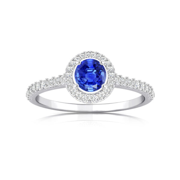 Bague saphir de Ceylan 4mm entourage et bas de corps diamants or jaune 18 carats – Image 4