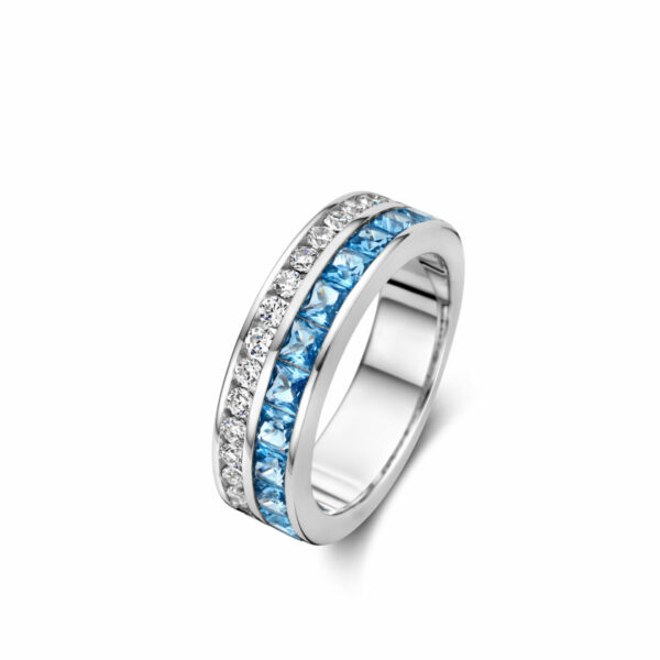 Boucles d'oreilles créoles en argent 925 avec zirconiums bleus + blancs taille princesse – Image 2