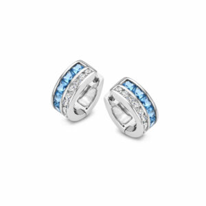 Boucles d'oreilles créoles en argent 925 avec zirconiums bleus + blancs taille princesse