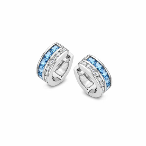 Boucles d'oreilles créoles en argent 925 avec zirconiums bleus + blancs taille princesse