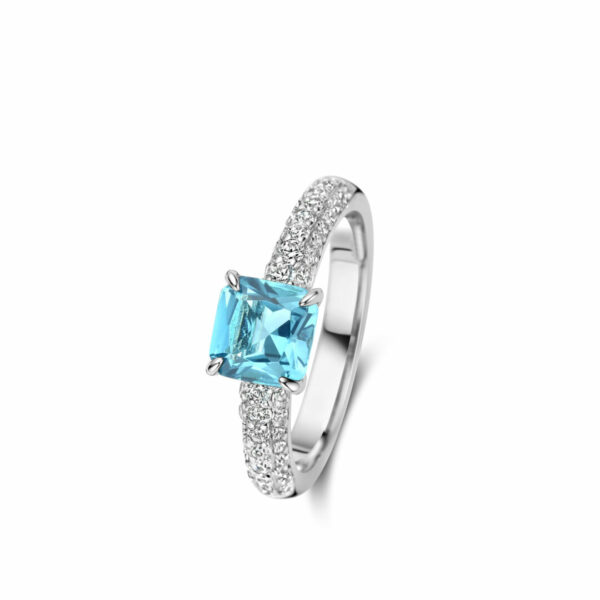 bague coussin facetté topaze bleue pierre imitation, argent 925 et oxydes zirconium