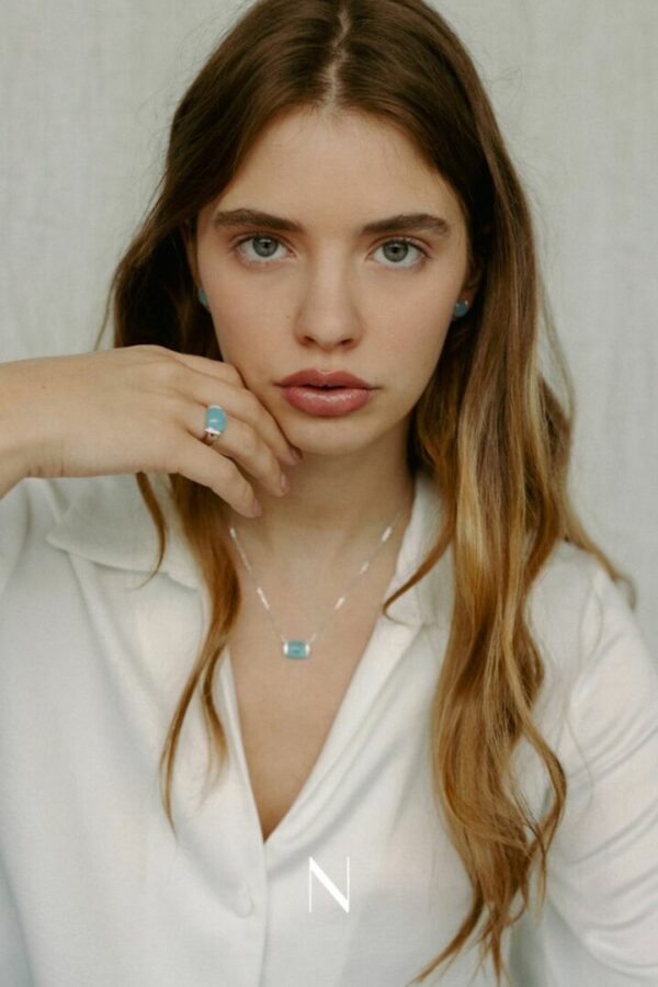 collier cabochon pierre imitation calcédoine sea blue argent 925 et oxydes zirconium – Image 4