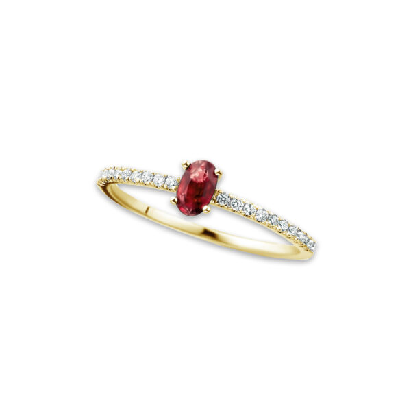 Bague solitaire rubis accompagné diamants sur or jaune 18 carats 750/000ème